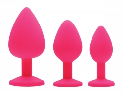Analplugs m. Schmuckstein 3er-Set Pink Silikon mit verschiedenen Durchmessern gerundete Spitzen kaufen