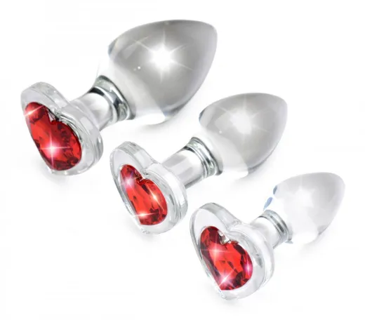 Analplug 3er-Set m. Schmuckstein Herz rot Glas