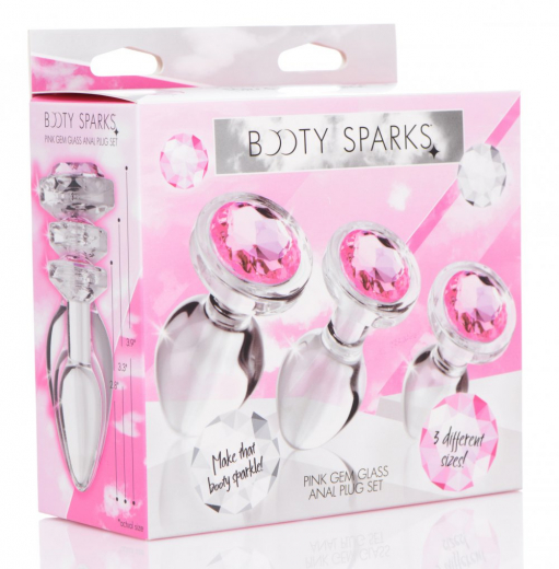 Analplug 3er-Set m. Schmuckstein pink Glas