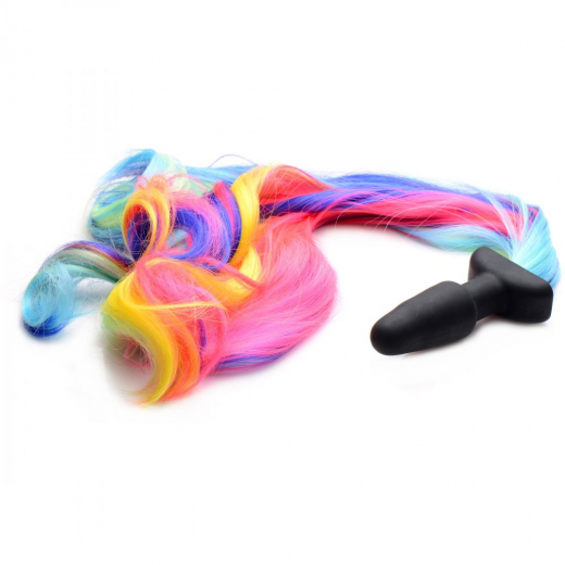 Analplug Silikon m. Pferdeschwanz multicolor Rainbow Tail