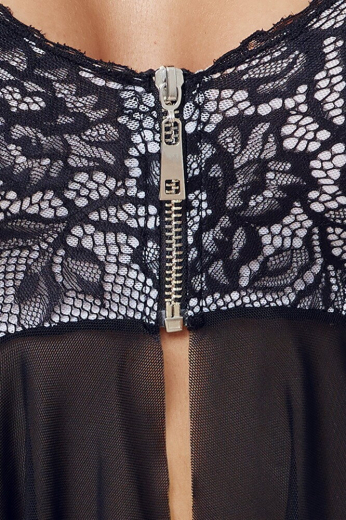 Babydoll & String ouvert Netz & Spitze elastisches schwarzes Feinnetz mit kleinem Reissverschluss kaufen