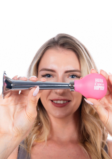 Horn Honk if you are Horny traditonal Metal Horn with Rubber Pump-Ball & pink Lettering by SPENCER & FLEETWOD buy
