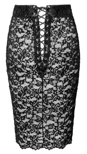 Bleistiftrock Wetlook m. transparenter Spitzen-Rückseite