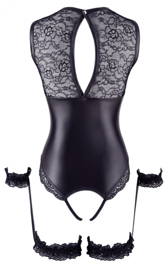 Body ouvert m. Strumpfbändern & Handfesseln