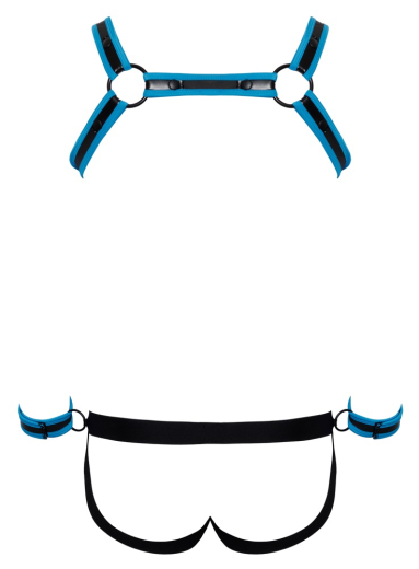 Brustharness & Jock m. Handfesseln Neopren-Look mit Druckknöpfen schwarz-blauer Harness Reissverschluss-Jock kaufen