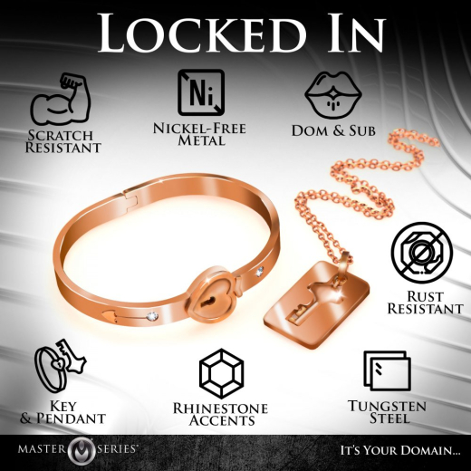 Damenarmband abschliessbar & Halskette m. Schlüssel rosegold BdSM Schmuckset Wolframstahl & Strass kaufen
