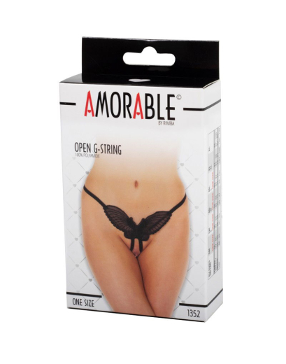 Damenstring schrittfrei Schmetterling schwarz mit hübscher Schmetterlingsstickerei einladend offen im Schritt kaufen
