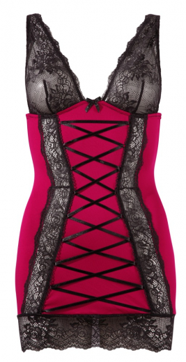 Dessouskleid rot m. schwarzen Spitzeneinsätzen & Zierschnürung