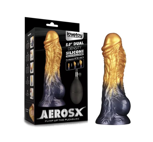 Dildo aufblasbar Dual Density Silikon AEROSX 8-Inch gold-schwarz mit abnehmbarer Ball-Pumpe günstig kaufen