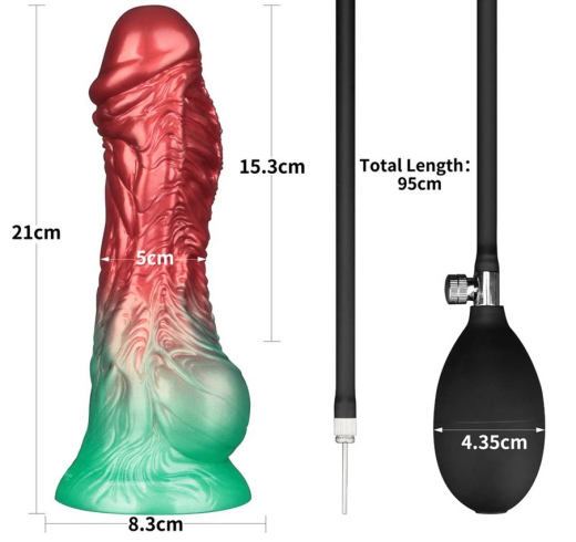 Acheter Godemiché Gonflable Double Densité Silicone AEROSX 8-Pouces Rouge-Vert avec Ventouse Pompe à Balle Amovible de LOVETOY