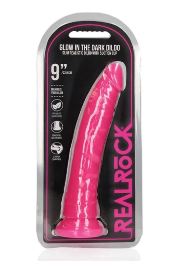 Dildo fluoreszierend Realistic slim Dong 9-Inch pink Harness kompatibel leuchtet im Dunkeln von REALROCK kaufen