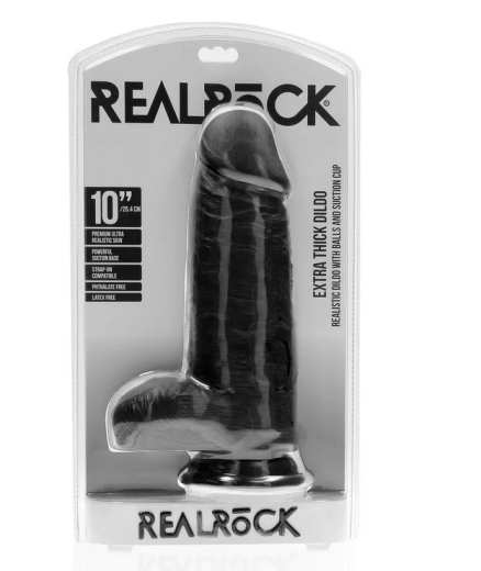 Dildo m. Hoden Extra Thick Straight 10-Inch schwarz mit Äderung & Saugfuss aus PVC von REALROCK günstig kaufen