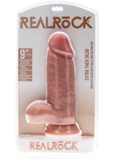 Dildo w. Balls Extra Thick Straight 9-Inch skin 17.5cm x 7.6cm insertable durable PVC by REALROCK buy cheap