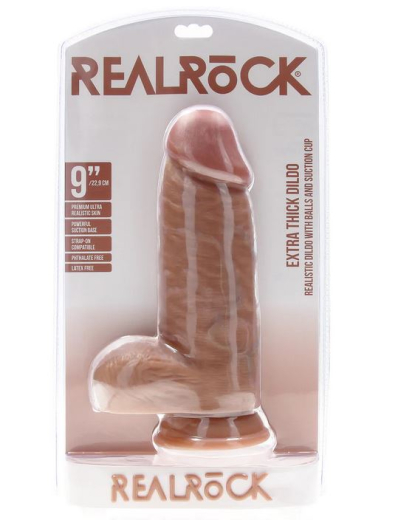 Dildo m. Hoden Extra Thick Straight 9-Inch hellbraun 7.6cm Durchmesser mit Saugfuss PVC von REALROCK kaufen