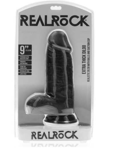 Dildo m. Hoden Extra Thick Straight 9-Inch schwarz 17.5cm x 7.6cm mit Äderung PVC von REALROCK günstig kaufen