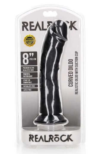 Dildo w. Suction Cup Curved Realistic 8-Inch black PVC Penis-Dildo with Veins O-Ring Harness compatible by REALROCK buy