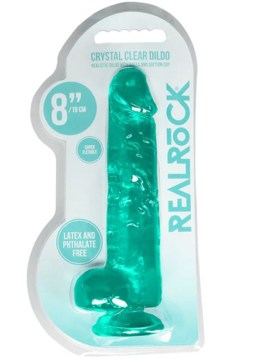 Gode avec ventouse Realistic Cock 8-Inch turquoise avec scrotum 16cm x 4cm TPE réaliste de REALROCK à bas prix