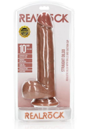 Dildo m. Saugfuss Straight 10-Inch hellbraun 5.6cm Durchmesser mit Hodensack PVC von REALROCK kaufen