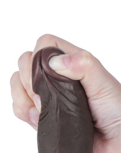 Dildo Sliding Skin 8-Inch slim w. screwed Suction Base brown