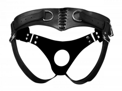 Strap-On Dildo Harness Corset Style Leather by Buckles adjustable with laced Back by STRICT LEATHER buy