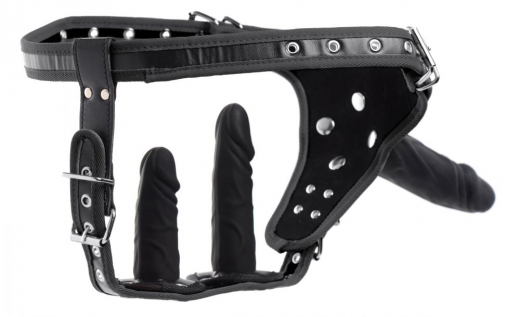 Double Penetration Strap-On Harness m. 3 Dildos Kunstleder