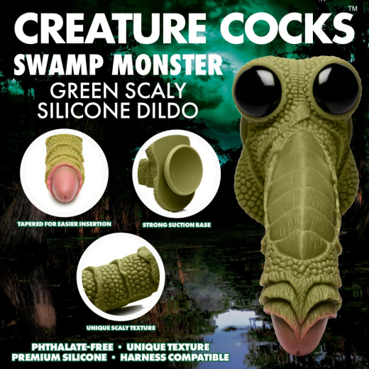 Fantasy Dildo w. Suction Base Swamp Monster Silicone Cock shaped w. Glass-Eyes ribbed & strong Texture buy