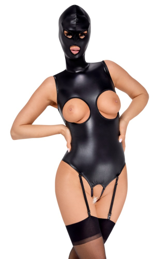 Fetisch Strapsbody ouvert m. Kopfhaube elastisch Kunstleder brustfrei & schrittoffen angenähte Kopfmaske kaufen