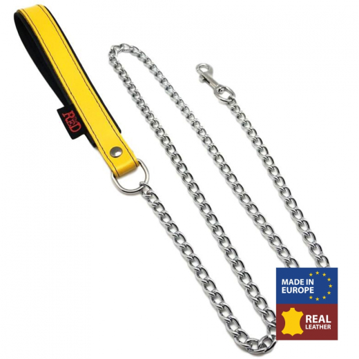 Führungsleine Kette m. Lederhandschlaufe 1 Meter gelb