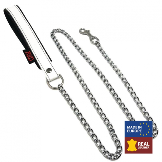 Führungsleine Kette m. Lederhandschlaufe 1 Meter weiss