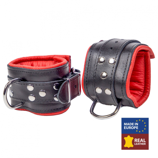 Ankle Restraints padded w. D-Ring Leather black-red by Buckle adjustable rounded Edges by THE RED buy cheap