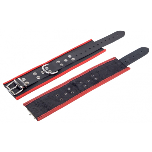 Ankle Cuffs w. D-Ring Leather black-red adjustable by Buckles high Quality Cowhide vegetable tanned by THE RED buy