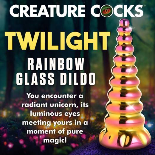 Glass-Dildo w. Stand Twilight Rainbow with graduated Ribs Fantasy-Dong Unicorn-Horn shaped buy cheap