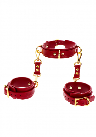 Halsband m. D-Ringen & Handfesseln rot-gold Kunstleder 3cm breit per Schnalle einstellbar weiches Material kaufen