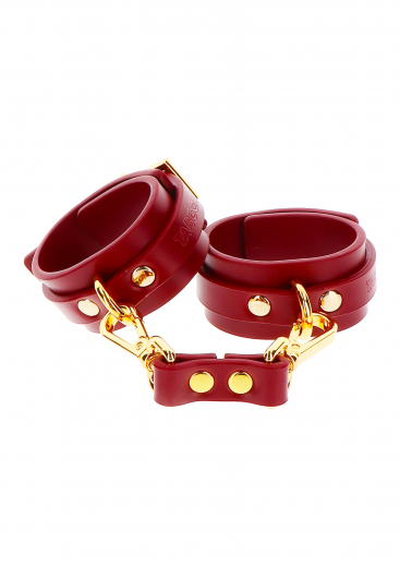 Halsband m. D-Ringen & Handfesseln rot-gold Kunstleder per Schnalle einstellbar nickelfreie Metallhardware kaufen