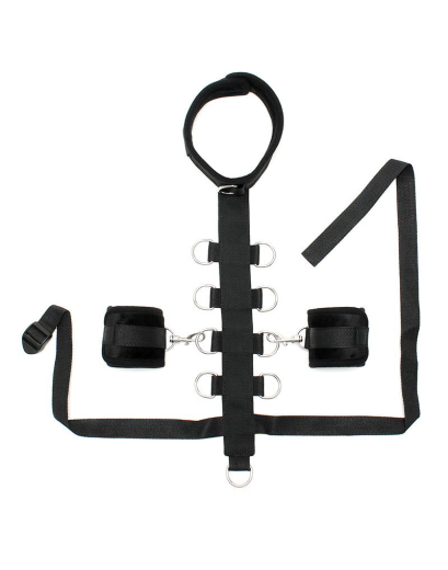 Halsband Handfessel Kombination Rimba schwarz mit Klettverschluss & Rückengurt & 9 Metall D-Ringen günstig kaufen