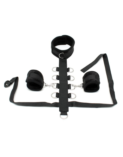 Halsband Handfessel Kombination Rimba schwarz m. Klettverschluss & Rückengurt & 9 Metall D-Ringen kaufen