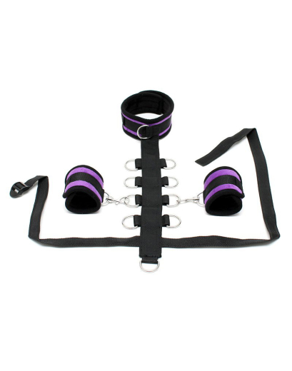 Halsband Handfessel Kombination Rimba schwarz-violett m. Rückengurt & 9 Metall D-Ringen für flexible Fesselungen kaufen