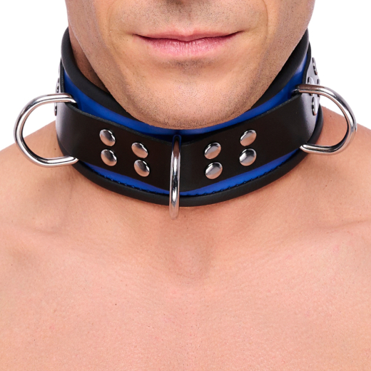 Collar w. D-Rings Leather blue-black by Buckle adjustable Cowhide BDSM Neck Restraint by THE RED buy cheap