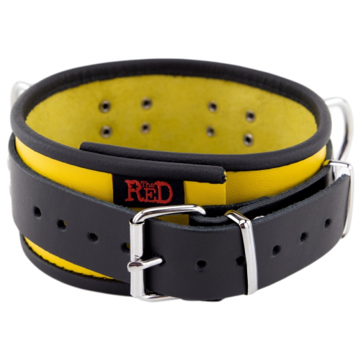 Collar w. D-Rings Leather yellow-black by Buckle adjustable Cowhide BDSM Neck Restraint by THE RED buy cheap