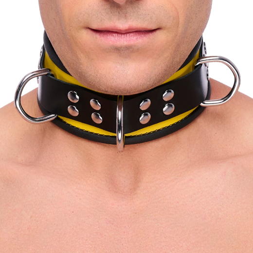 Collar w. D-Rings Leather yellow-black by Buckle adjustable high Quality Cowhide BDSM Neck Restraint buy cheap