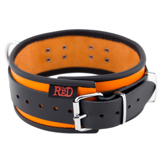 Halsband m. D-Ringen Leder orange-schwarz mit Schnalle einstellbar starkes Rindsleder BdSM Halsfessel kaufen