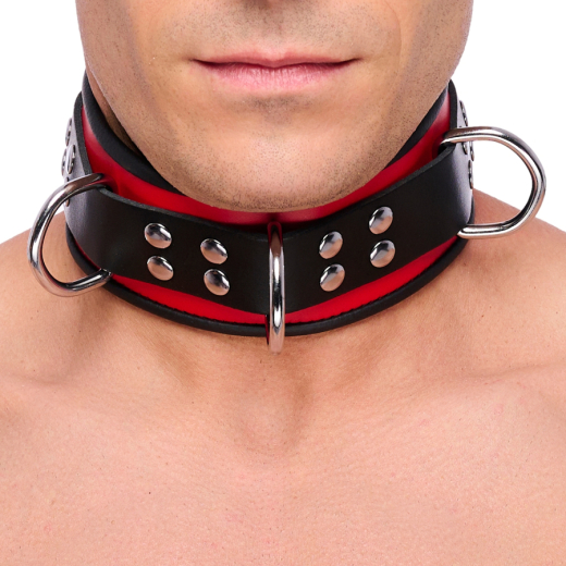 Halsband m. D-Ringen Leder rot-schwarz einstellbar starkes Rindsleder BdSM Halsfessel von THE RED günstig kaufen