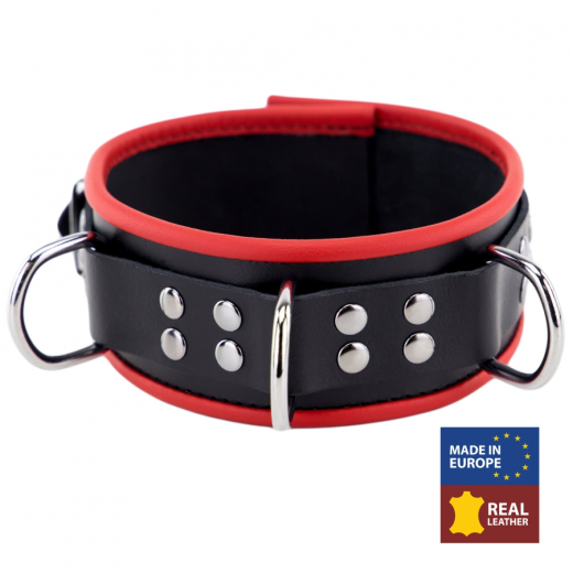 Collier avec anneaux en D en cuir noir-rouge