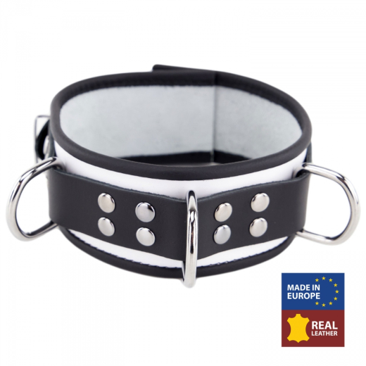 Halsband m. D-Ringen Leder weiss-schwarz
