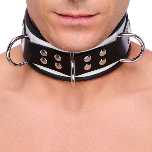 Collar w. D-Rings Leather white-black by Buckle adjustable BDSM Neck Restraint by THE RED buy cheap