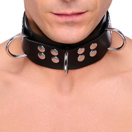 Collar w. D-Rings Ultra Leather black strong & thick Cowhide vegetable tanned adjustable by Buckle buy cheap