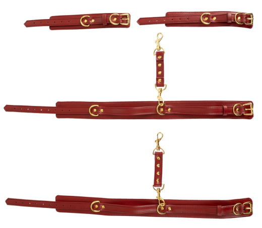 Hand-Oberschenkelfesseln m. Verbinder rot-gold-schwarz Kunstleder