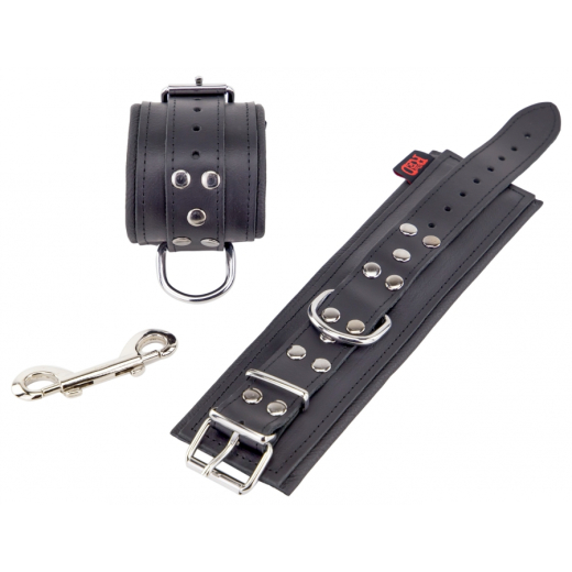 Handfesseln gepolstert m. D-Ring Leder schwarz per Schnallen einstellbar inklusive doppeltem Schnapp-Karabiner kaufen