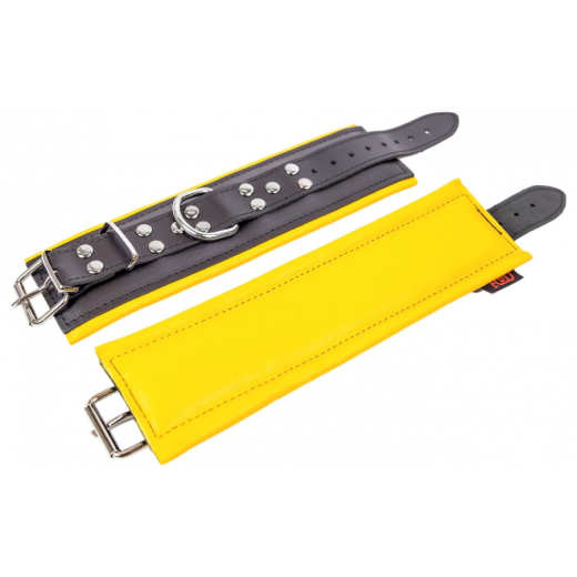 Handfesseln gepolstert m. D-Ring Leder schwarz-gelb per Schnallen einstellbar gerundete Kanten von THE RED kaufen