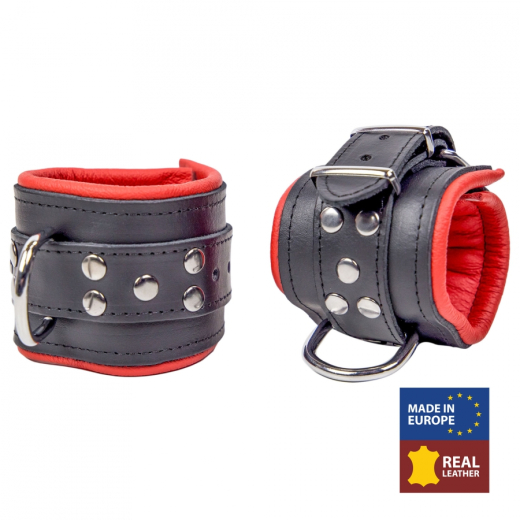 Wrist Restraints padded w. D-Ring Leather black-red by Buckle adjustable rounded Edges w. Snap-Carabiner buy cheap